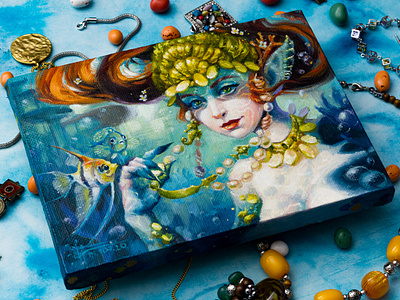 Original Mermaid small oil painting on linen canvas