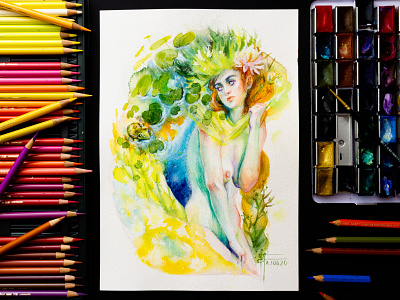 "Lady of the Lake" - mixed media watercolor painting