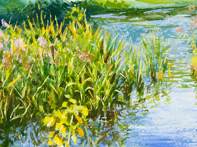 Pond landscape small gouache painting