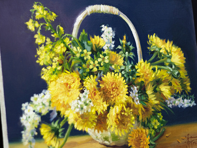 Original Dandelion Flowers in Basket small oil painting on linen