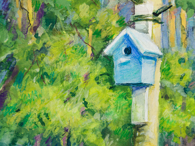 Mixed media watercolor + colored pencils Birdhouse art