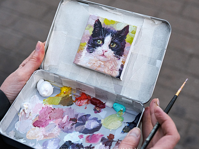 Miniature cat oil canvas painting
