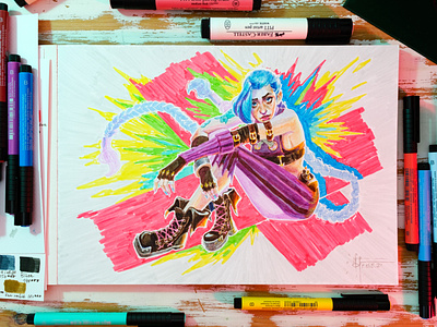 Jinx from Arcane series fanart drawing with brush pens