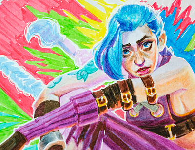 Jinx from Arcane series fanart drawing with brush pens arcane arcane fanart art artwork brush pens art character art character drawing character illustration drawing fan art fanart game design game illustration girl illustration girl portrait illustration jinx jinx fanart portrait drawing traditional art