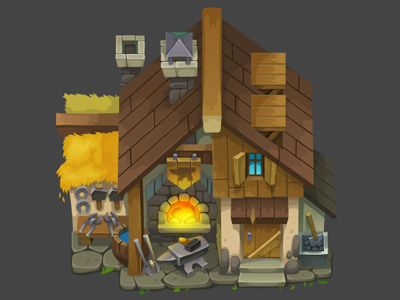 Blacksmith anna ivanova anvil blacksmith building concept art flash game art isometric nikita oscolcov pykodelbi untold legacy