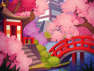 Two days of work, lots of fun)) adobe bg cartoon cherry cherryblossom environment gameart japan pagoda pink sakura socialgames