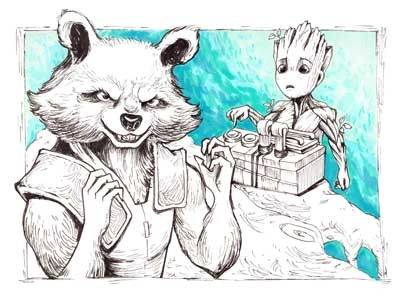 Baby Groot and Rocket fanart avangers babygroot comics copic drawing guardiansofthegalaxy illustration ink lineart marvel rocket sketch
