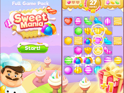 Sweet Match-3 Full Game Pack game gui hud interface ios iphone jelly kit mobile sweet sweet gui ui