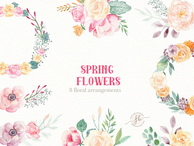 Spring Flowers- Watercolor set bouquet floral floral arrangements flower logo logo template spring spring flowers watercolor watercolor set wedding wedding invitation