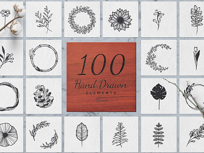 100 Hand Drawn Elements -Floral- alphabet boutique creative design feminine floral flowers hand drawn hand drawn elements illustration logo template