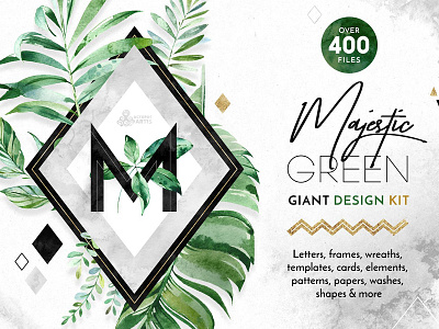 Majestic Green. Giant Design Kit. floral floral elements frames giant design kit gold leaf leaves majestic green watercolor watercolor clipart wild wild green