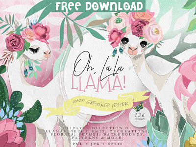 Oh La La Llama - FREE DOWNLOAD art bouquet character decoration doodle drawing floral flowers free download graphic illustration llama