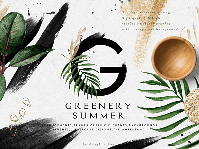 Greenery Summer Design Set aloha background clip art clipart design element gold green greenery summer leaf tropic tropical watercolor