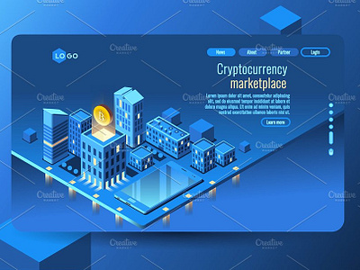 Cryptocurrency concept banner block business concept cryptocurrency cryptocurrency concept currency design development flat graphic home page internet isometric landing page marketplace technology vector web app website