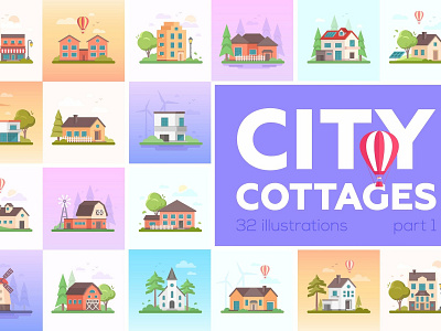 City cottages in flat design style banner building city city cottages cityscape concept cottages design estate flat flat design flat design style illustration landing page landscape minimalistic modern project town vector