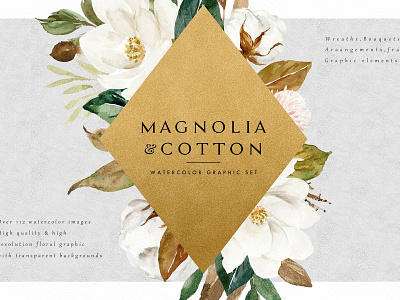 Magnolia&Cotton bouquets clipart cotton design elegant floral floral frames flowers gold golden graphic graphic design leaf magnolica modern vector watercolor wedding wreaths