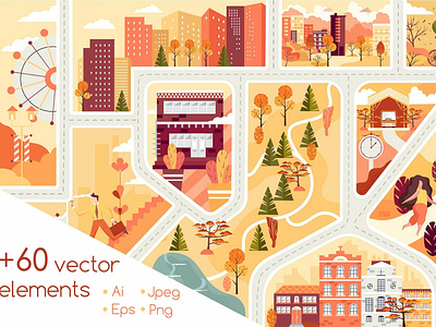 Flat town art autumn buildings city design flat town graphic assets house illustration lake map illustration mape people road town town illustration tree vector vector elements web