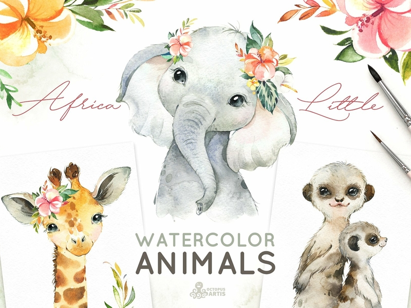 Africa. Little Watercolor Animals by Graphic Assets on ...
