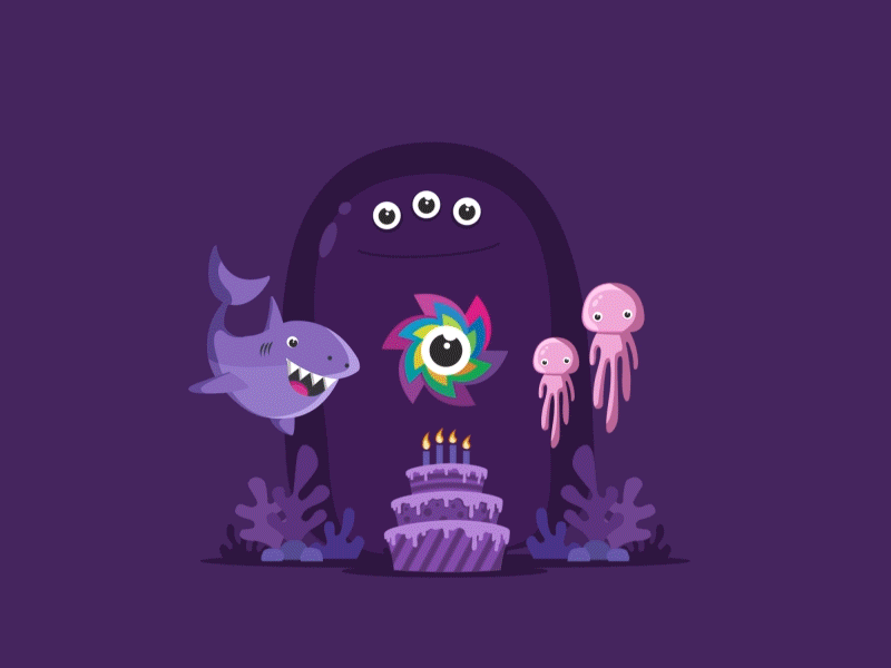 It's our 4th Birthday! animation birthday sea shark squid underwater ux animation