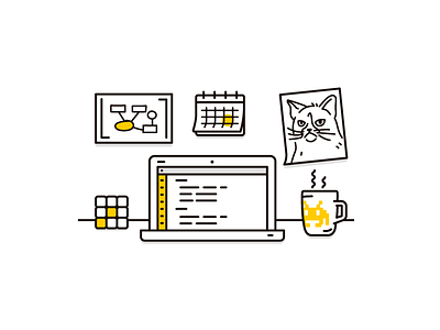 Dev app cat character code design digital illustration invaders office planning space yellow