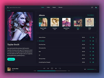 Music App UI app dark desktop interface design music player online taylor swift user interface web design