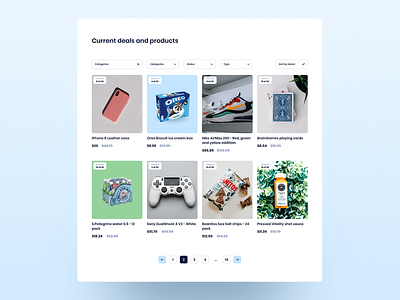 Deals. Product list. amount data design experience filter interface pagination price products products page search sort status type ui ux web