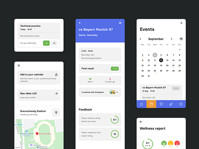 Kafoot app calendar cards dashboard data design event experience feedback going location map notification options rating result roster ui ux web