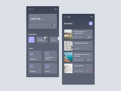 D'Neros. Dark mode app application bank card dark debt design digital events experience finance interface mobile mode simple transfers ui ux web