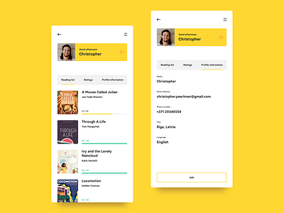 Pergamum. Account account app design interface list mobile profile progress rating read reviews settings ui ux watchlist web