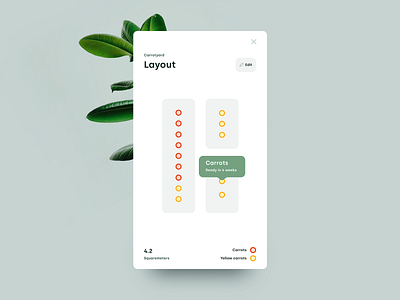 Growapp. Garden layout app backyard carrots clean edit interface layout mobile overlay overview popup preview tooltip ui ux web