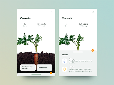 Growapp. Plant action app cards carrot clean design interface iphone mobile notification overview plant slider ui ux water web