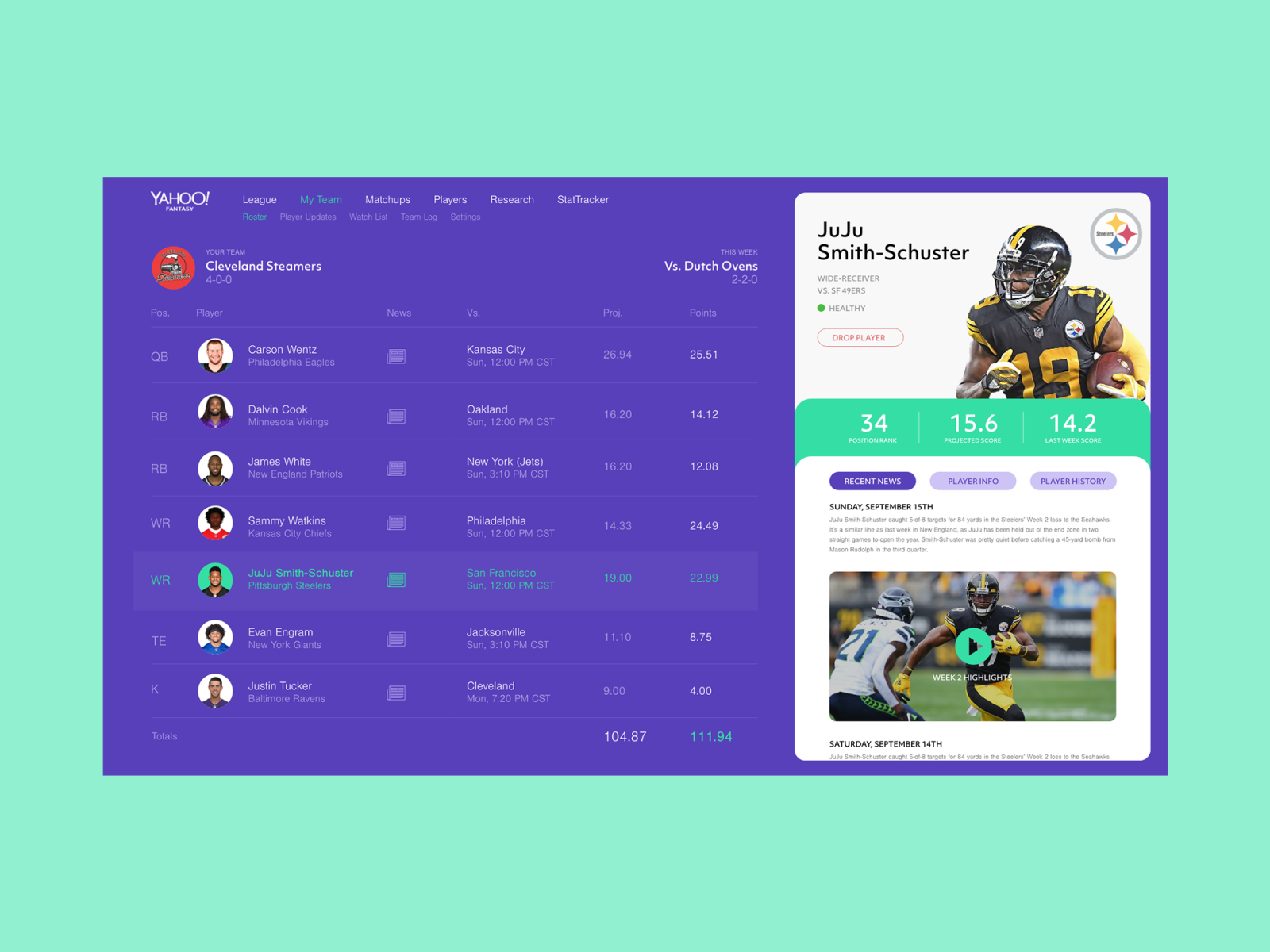 Yahoo Fantasy Football Website by Matt McKenna for DELT on Dribbble