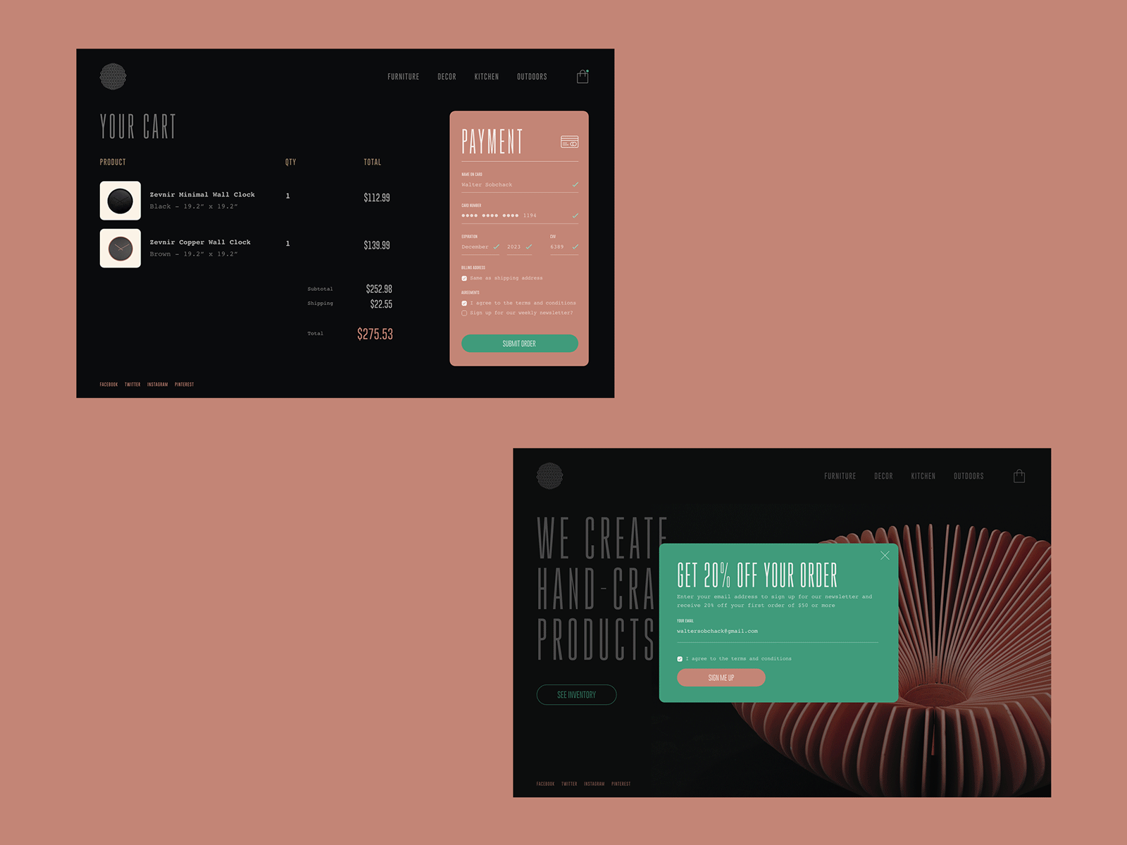 Luxury Store Checkout Page black checkout form checkout page clean ui dark ui ecommerce design large type luxury newsletters pastel payment method popup store ux ux design web design website design