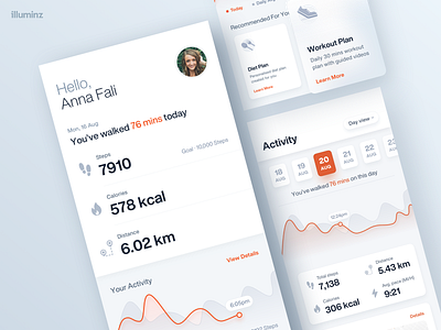 Fitness Activity App Design activity app application calendar cards charts dashboad graphics graphs home screen icons illuminz ios management minimal profile running statistics tracker workout