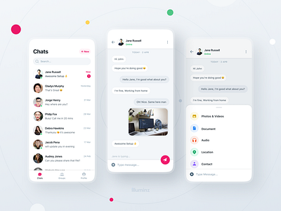 Chat mobile application design android app design attachment cards chat chat app chat bubble clean homepage inbox ios message messages minimal mobile mobile app phone popup typography user interface