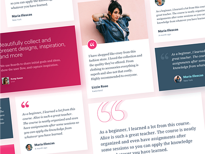 Testimonials Cards - Design Components application cards clean component design elements feedback gradient minimal reviews style guide testimonials typography ui ux web design website