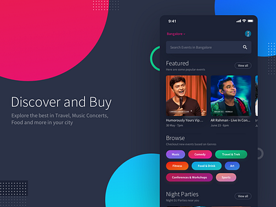 Mobile App - Discover and Buy Tickets for Events near you booking dark events feeds minimal mobile app travel typography ui design ui ux user interface website