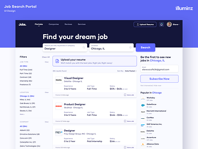 Find Jobs Page - Job Portal application branding cards clean colors dashboard header job board job listing job portal jobs list pattern search results typography ui design ui ux user interface web design website