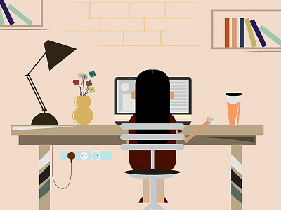 Flat Design Illustration Girl on Desk