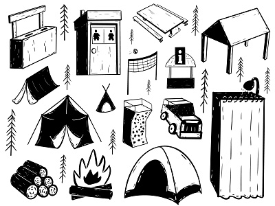 Cederwood Doodles camp campfire campground car cederwood doodle drawing festival illustration illustrator jeep map procreate shower teepee tent tree vector
