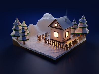 Winter evening (3D scene) 3d 3d art 3d model 3d scene blender blender 3d colors house lowpoly night winter