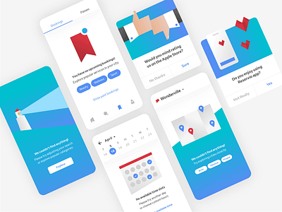 Zero states for Reservio app 📱 abstract app app illustrations booking app calendar flat illustration flat ui illustration location minimalistic mobile mobile app no results not found product design rating ui ui elements ux zero state
