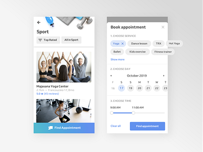 Appointment Booking App UI 🛎📱 app appointment appointment booking booking app calendar date picker event filters marketplace mobile app popup reservio search sport tag time slider ui ui elements ux yoga