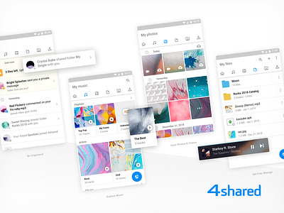 4shared for Android app application cloud collaborate design document download explore file image message music player search share storage ui upload ux video