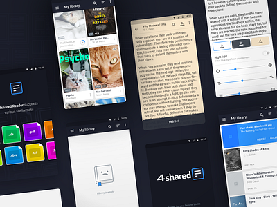 4shared Reader app application book card cloud document download explore file grid list logo placeholder reader settings storage ui upload ux