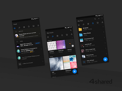 4shared Dark Theme android animation app appearance application cloud dark dark theme download figma file grid hosting light list presentation protopie search theme ui