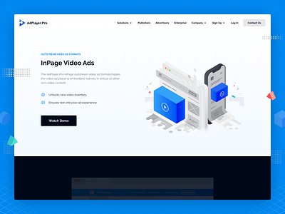 AdPlayer.Pro Solutions ad advertising app banner branding design formats illustration index isometric landing logo marketplace outstream player solutions sticky vector video