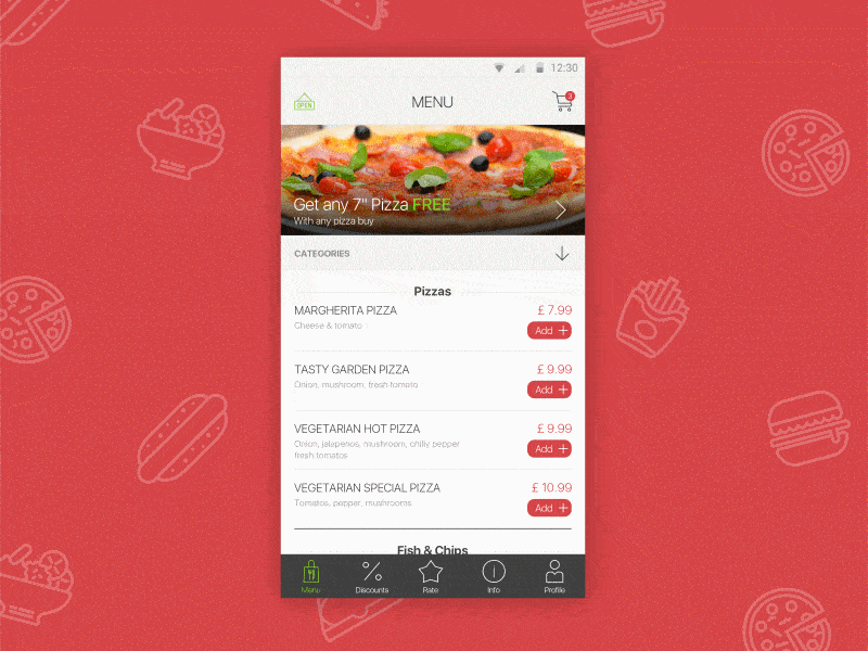 Food Order App android animation app cafe clean gif ios iphone menu mobile pizza restaurant