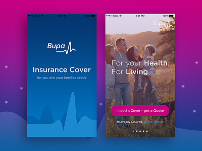 Bupa Insurance blue clean design flat gradient ios iphone login mobile pink splash screen