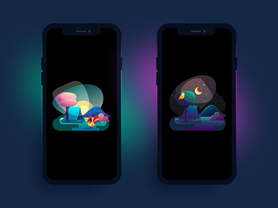 Philips Hue - Wake up and go to sleep camping color daylight design gradients grain hue illustration illustrator mobile moonlight owl philips rooster sun tree vector